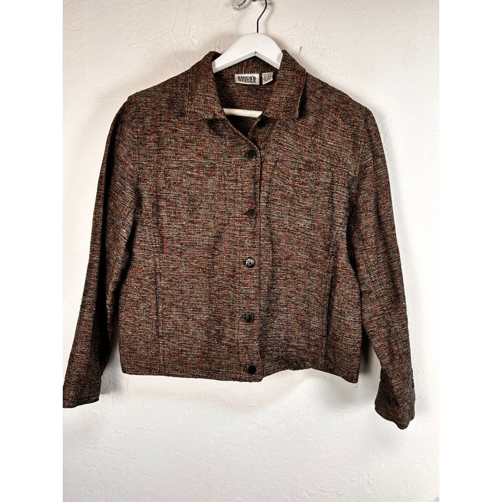 Chico's Design Women Button-Front Textured Blazer Jacket Size 2 Silk Blend Brown